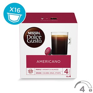 Caja de cápsulas de café Nescafé Dolce Gusto Americano, con el nombre del producto y la marca visibles.