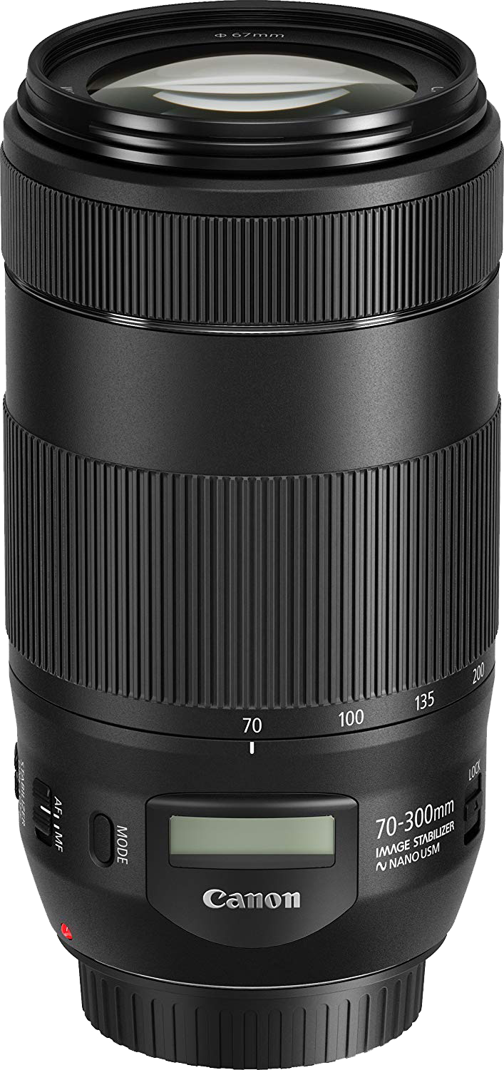 Objectif d'appareil photo Canon noir avec réglages de zoom et de mise au point, avec une étiquette 70-300 mm.
