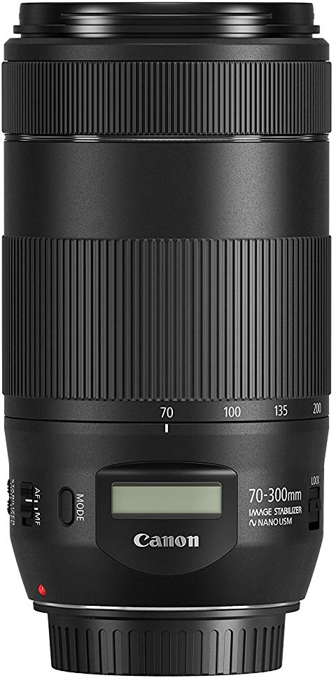Objectif d'appareil photo Canon noir. Il a une portée de 70-300 mm, avec mise au point et stabilisation.