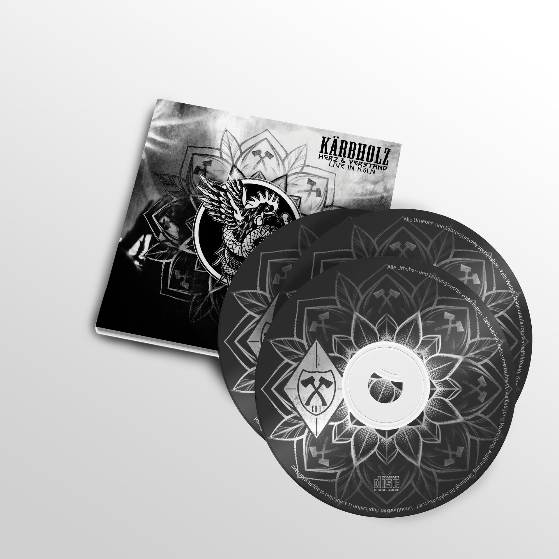 CD-Cover und -Discs. Schwarz-weißes Design mit Drachen und Text. Weißer Hintergrund.