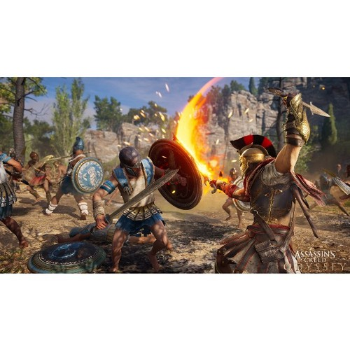 Escena de batalla de Assassin's Creed, soldados luchando.