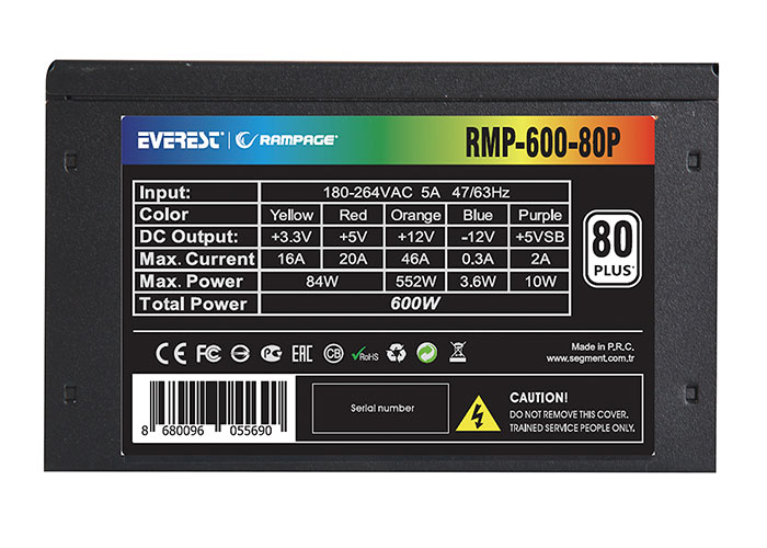 Etiketli güç kaynağı ünitesi. Mavi ve kırmızı vurgularla siyah. Metin: RMP-600-80P, 600W.