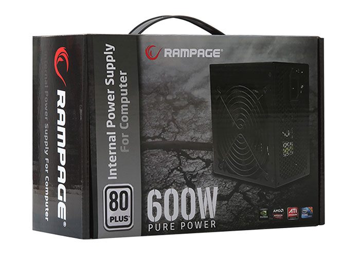 Rampage markalı, '600W' ve '80 PLUS' etiketli, siyah renkli bir bilgisayar güç kaynağı kutusu.