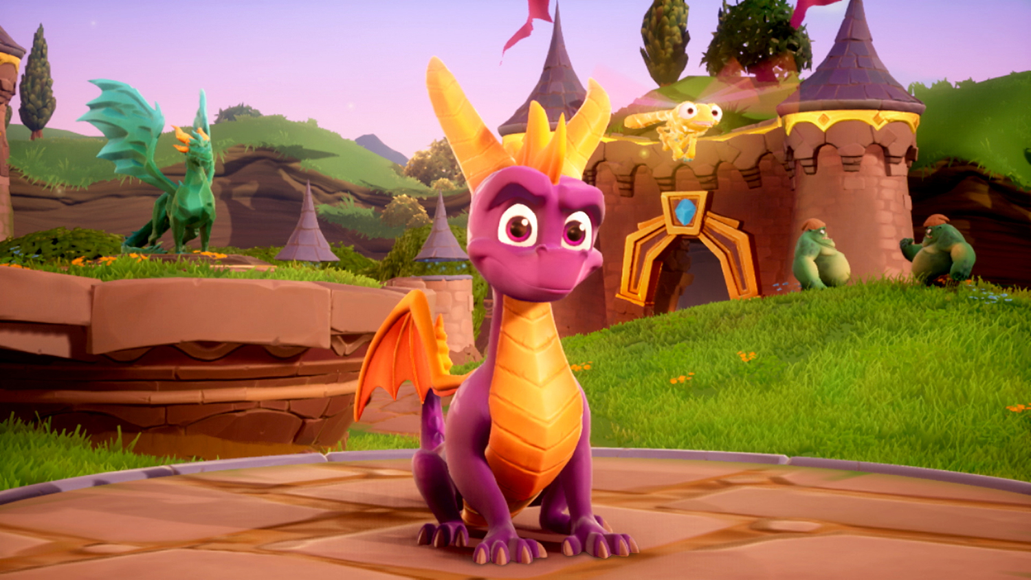 Spyro the Dragon-personage in paars, met een groene draak op de achtergrond.
