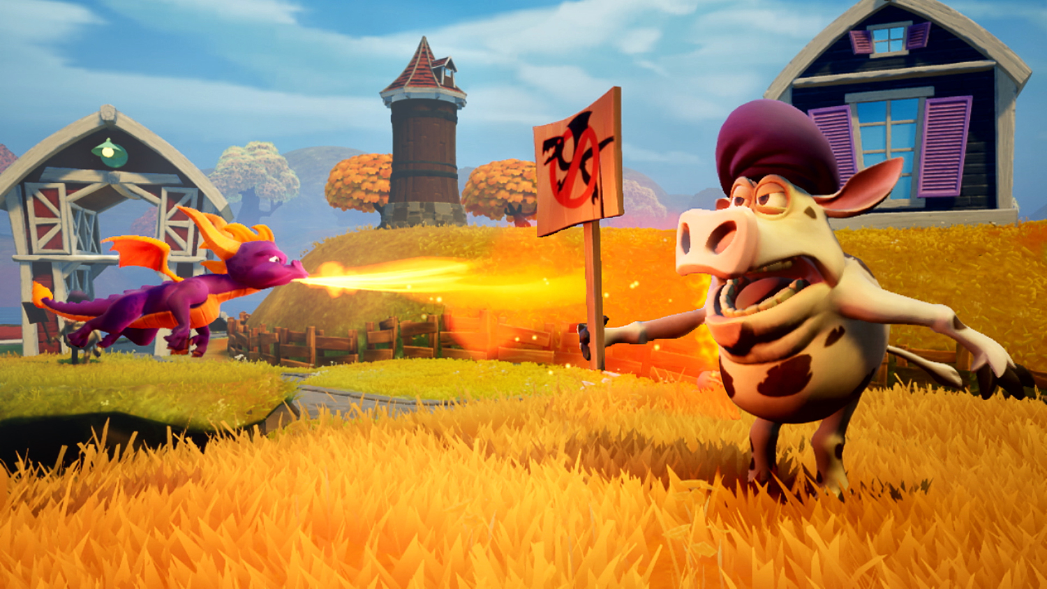 Spyro de Draak spuwt vuur op een koe. Een bord zegt nee. Veld en gebouwen op de achtergrond.