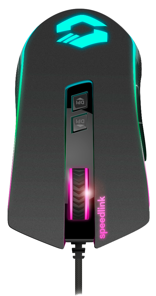 Fekete-szürke gamer egér rózsaszín és zöld díszítéssel. Speedlink logó és gombok láthatók.