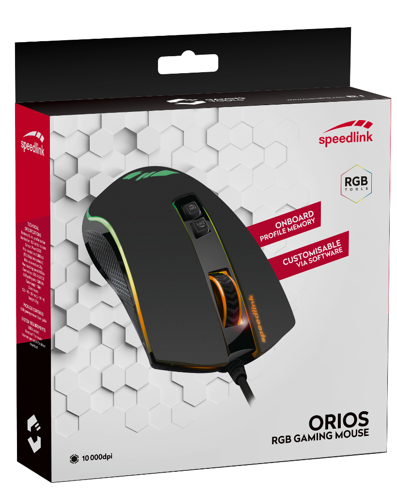 Fekete gamer egér dobozzal, amely a speedlink márkát mutatja.
