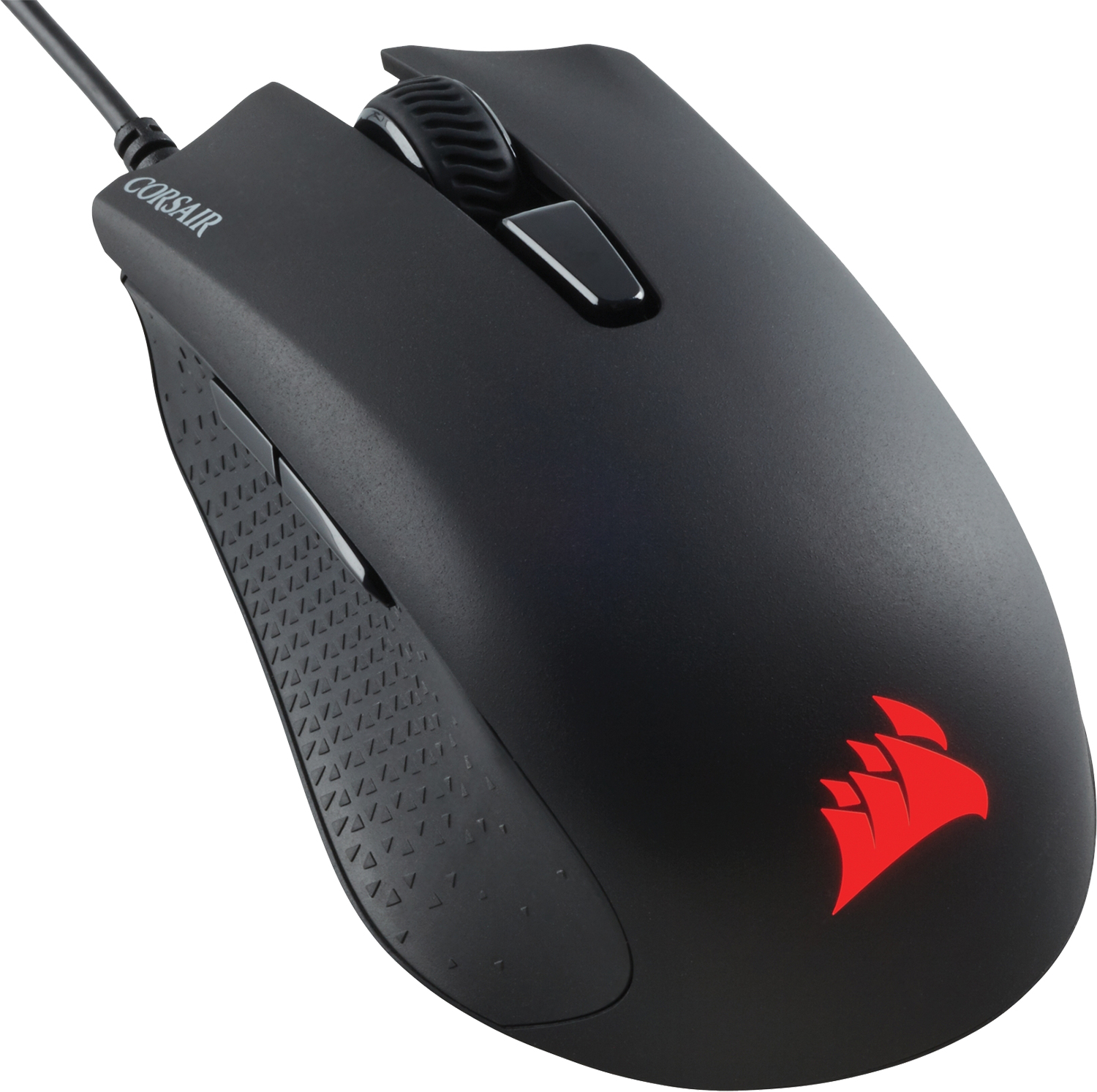 Zwarte Corsair gaming muis, met rood logo. Heeft knoppen en een scrollwiel.
