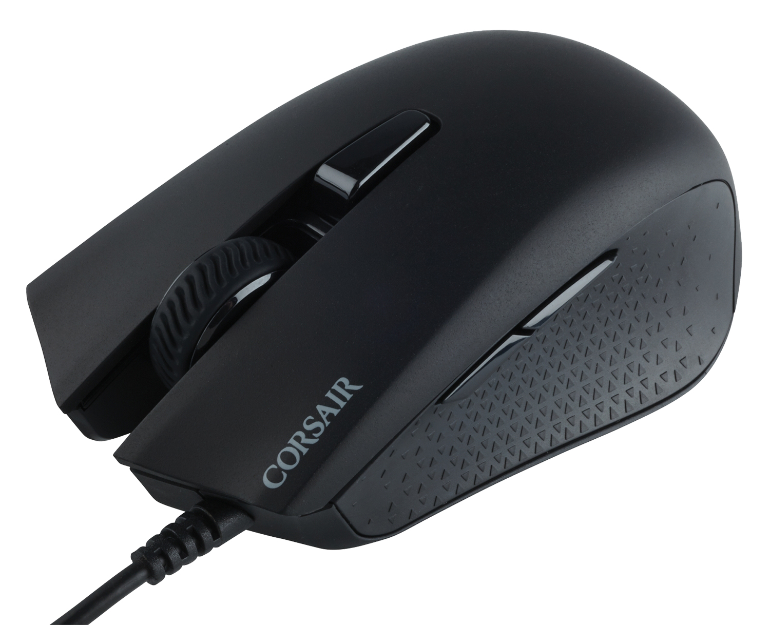 Zwarte Corsair-muis met scrollwiel en zijknoppen, op wit.