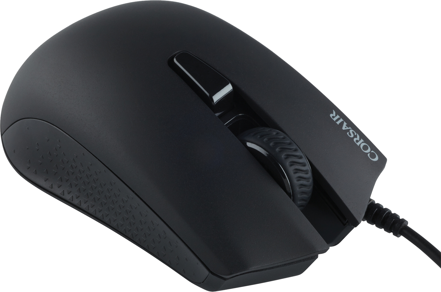 Zwarte computermuis met een scrollwiel en ergonomisch ontwerp, op een wit oppervlak.