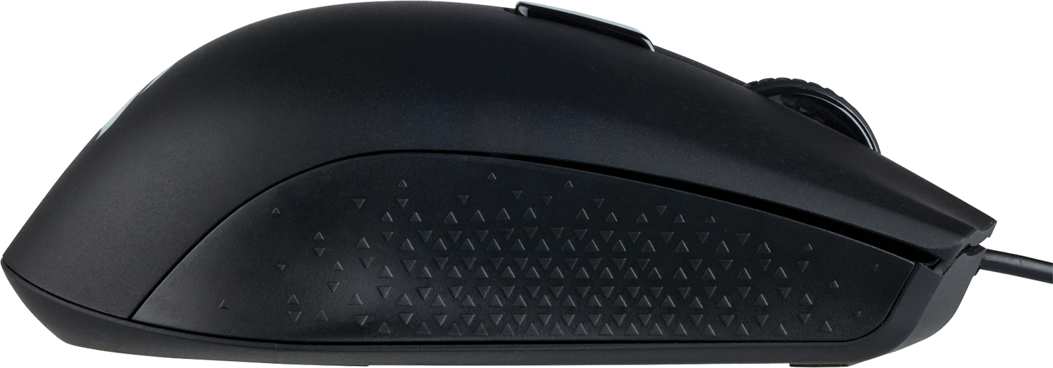 Zwarte computermuis, zijaanzicht. Voorzien van een getextureerde grip, met een scrollwiel en knoppen.