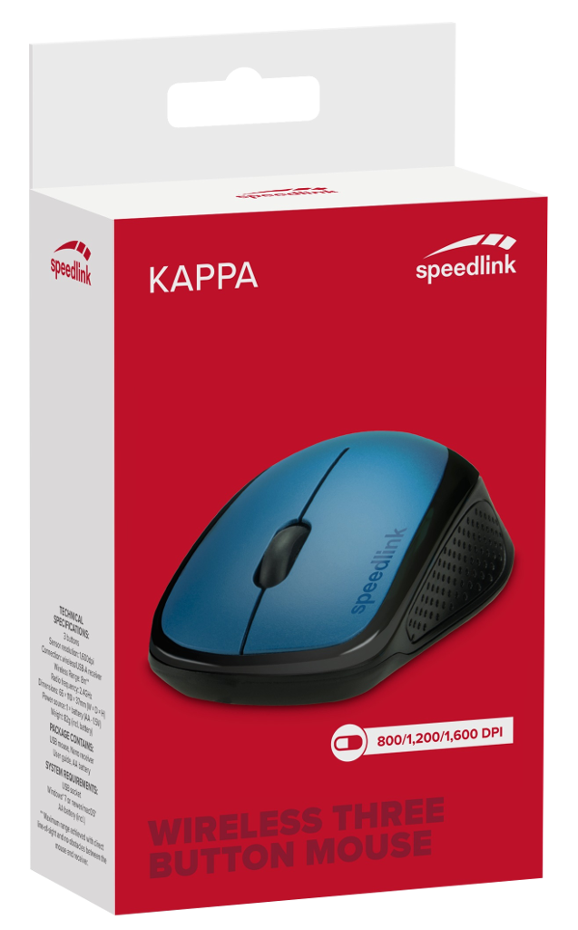 Doboz egy kék vezeték nélküli egérrel. Szöveg a dobozon: KAPPA, Speedlink, Wireless Three Button Mouse.