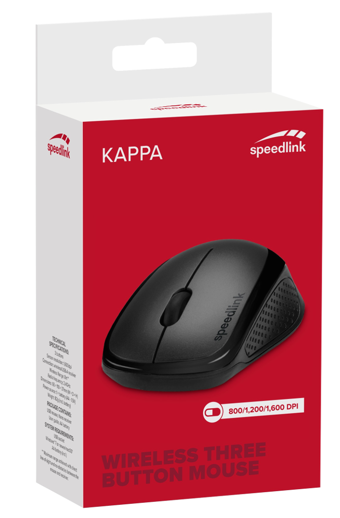 Egy fekete vezeték nélküli egér egy piros-fehér dobozban, 'KAPPA' és 'speedlink' felirattal.