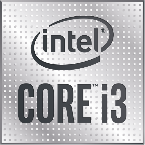 Intel Core i3 Logo auf silbernem, strukturiertem Hintergrund.