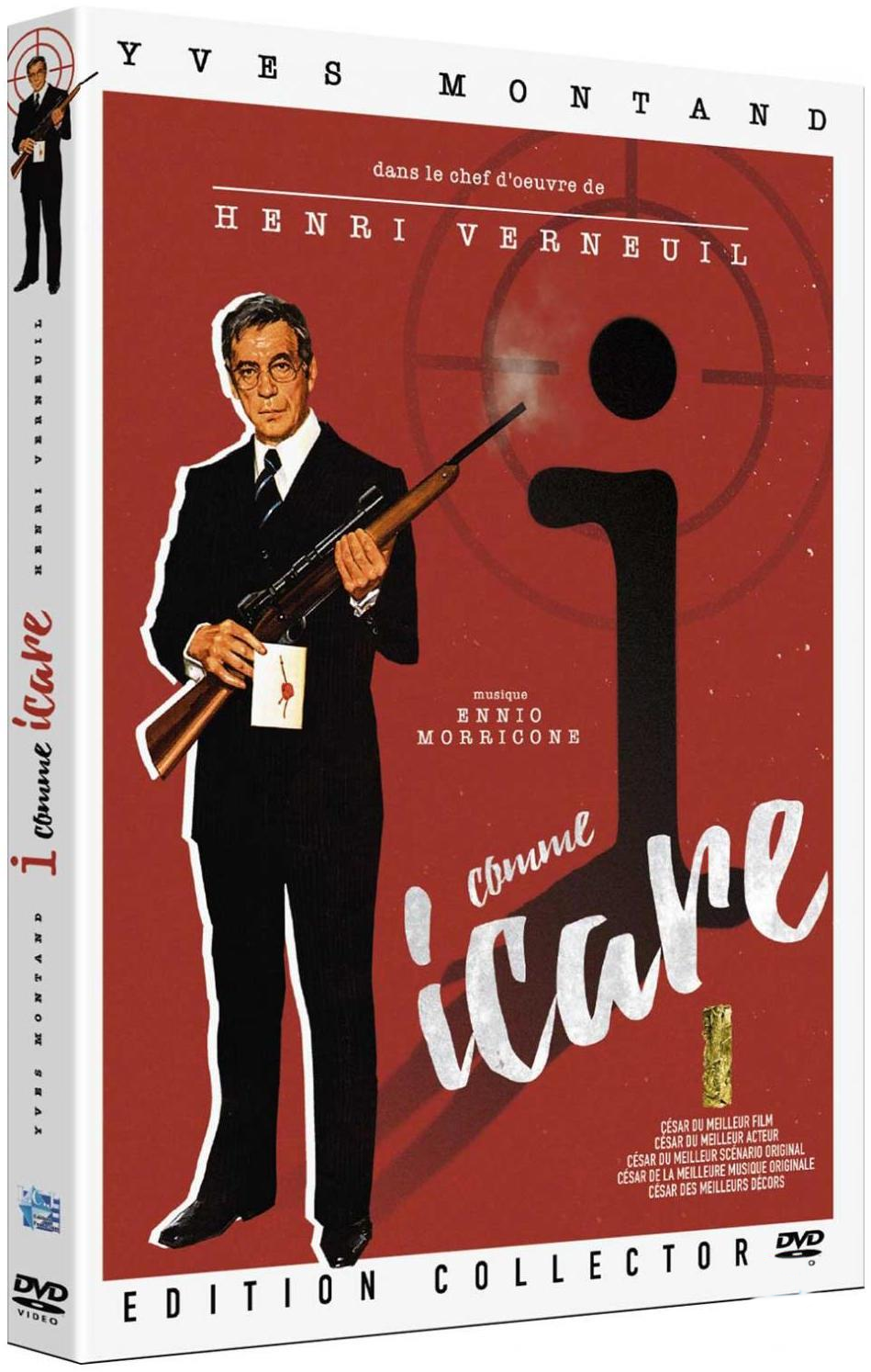 Couverture de DVD. Un homme en costume tenant un fusil. Le titre est 'I comme Icare' avec du texte français.