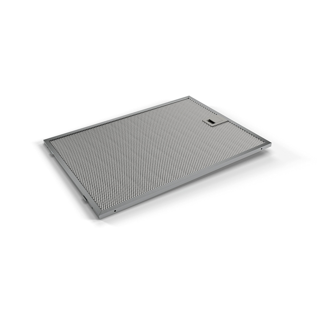 Filtro de malla metálica, rectangular, en ángulo, sobre fondo blanco.