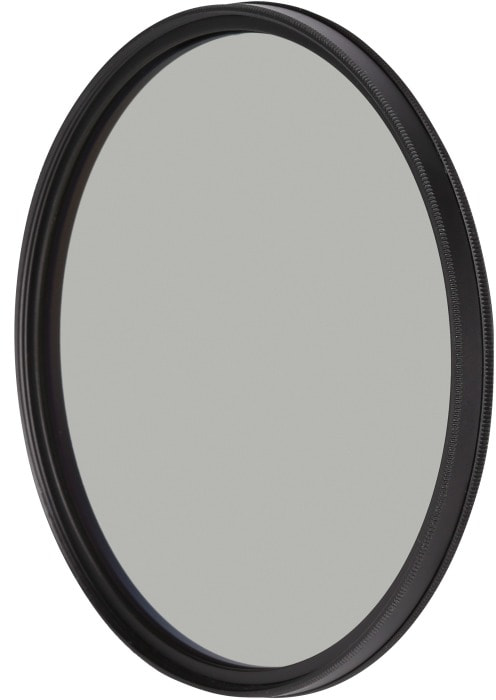Cirkelvormig zwart filter voor een cameralens. Het glas is grijs.