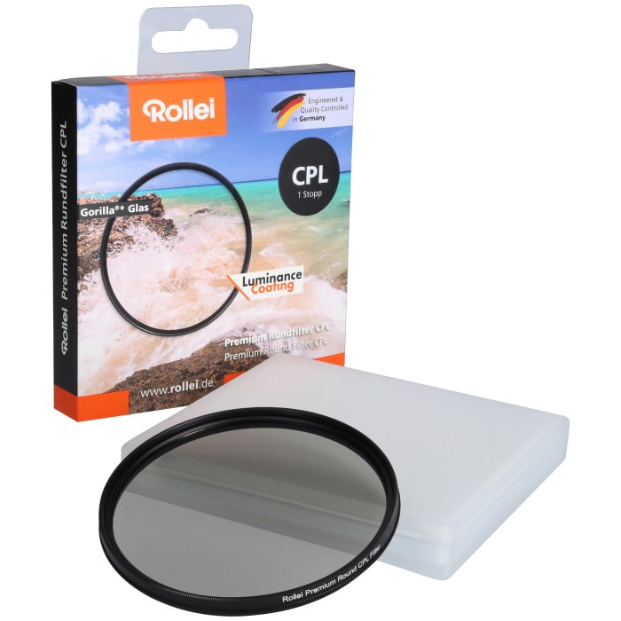 Camera lensfilterkit, met filter en etui. Witte en blauwe doos.