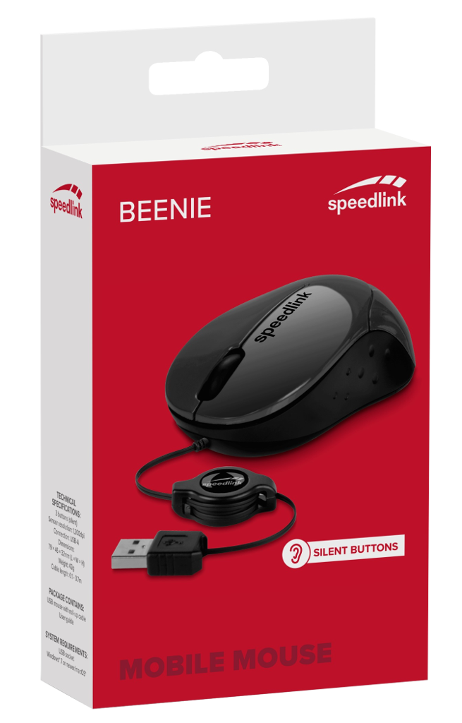 Egy piros-fehér doboz fekete vezeték nélküli egérrel. A szöveg: 'BEENIE MOBILE MOUSE'.