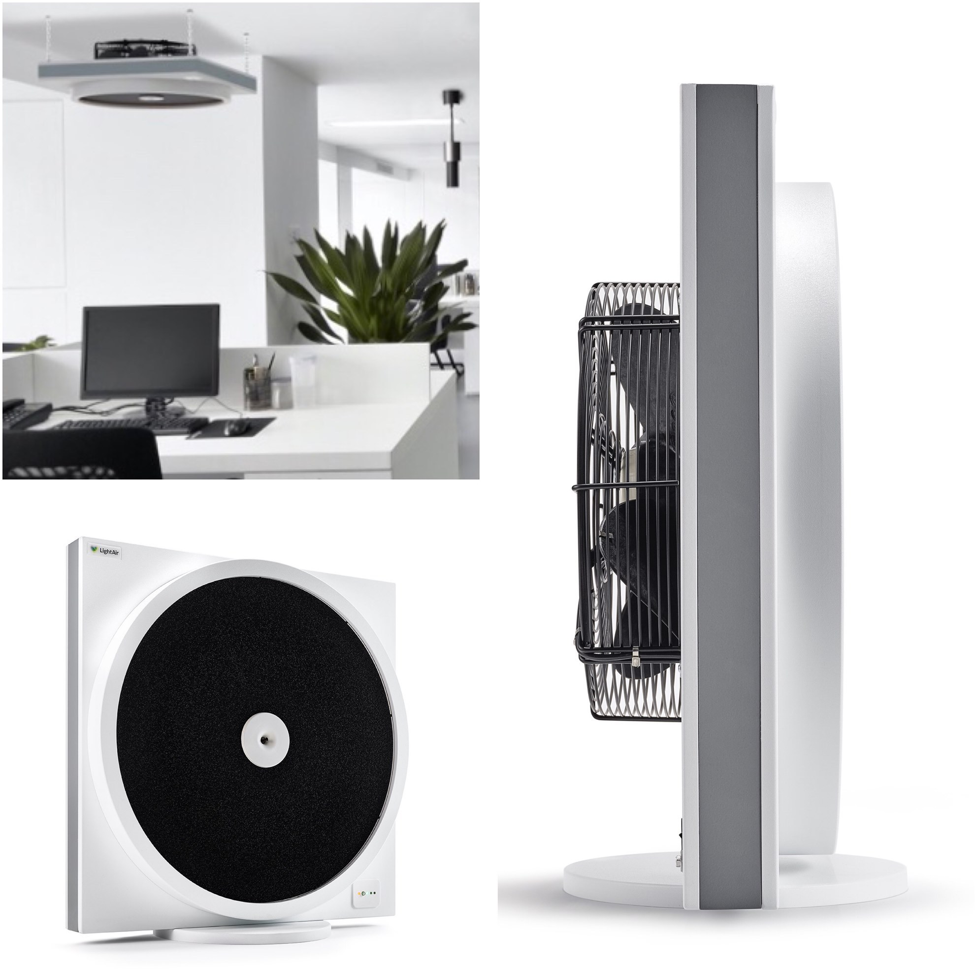 Luftreiniger und Schreibtischventilator-System, weiß und grau, mit Büro-Hintergrund.