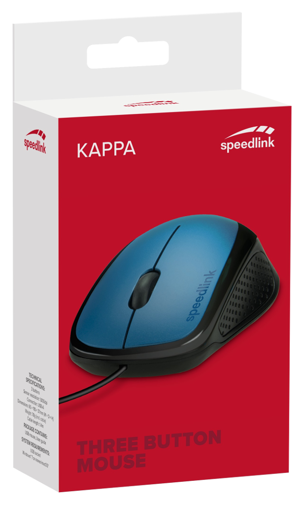 Piros-fehér doboz kék egérrel. Szöveg: KAPPA, THREE BUTTON MOUSE, speedlink.