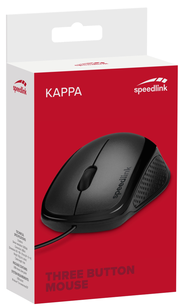 Egy piros-fehér doboz egy fekete számítógépes egérrel, "KAPPA" felirattal.