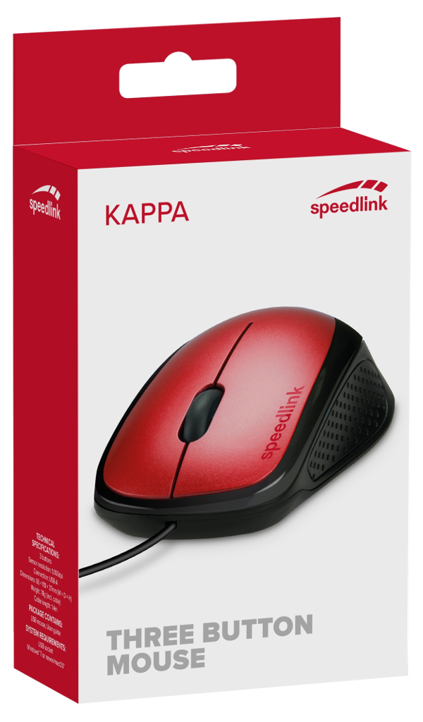 Piros-fekete Kappa háromgombos egér egy Speedlink dobozban.