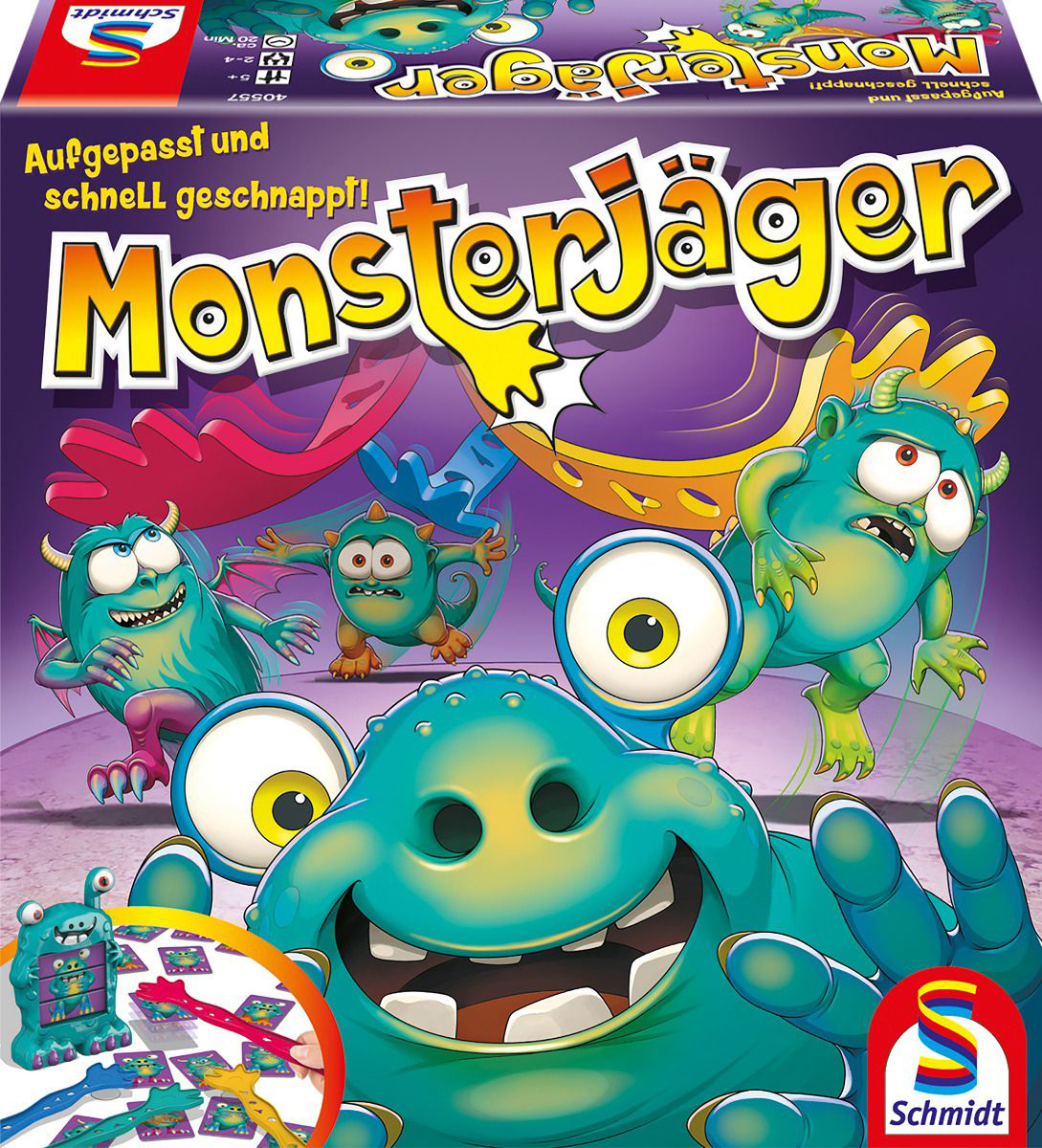 Brettspielcover. Viele Zeichentrickmonster auf lila Hintergrund. Text: Monsterjäger, Aufgepasst und schnell geschnappt!