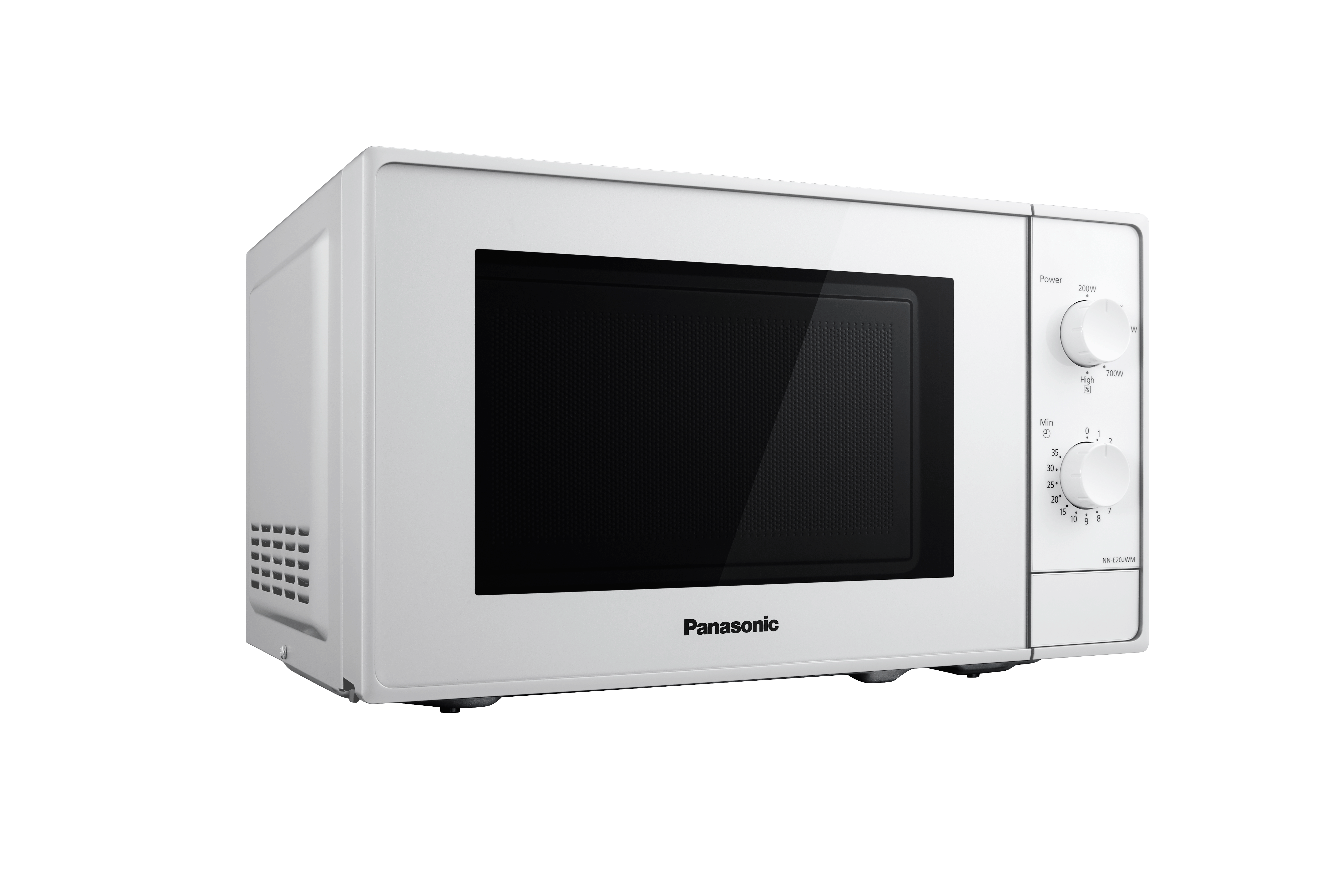 Ein weißes Panasonic-Mikrowellengerät mit schwarzer Tür. Bedienelemente und Timer befinden sich rechts. Der Hintergrund ist schwarz.