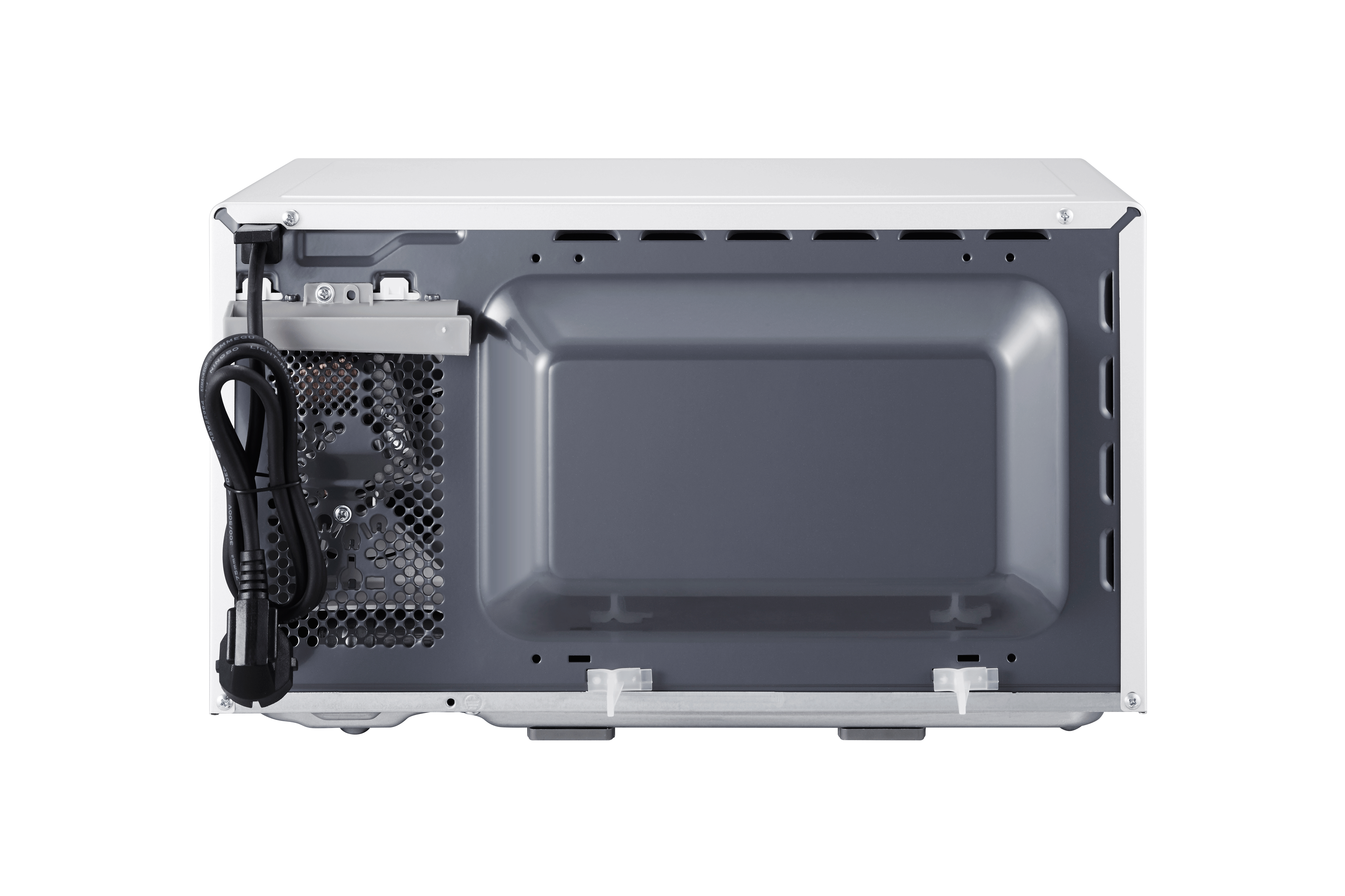 Rückansicht einer weißen Mikrowelle. Es hat einen grauen Innenraum und ein schwarzes Netzkabel.