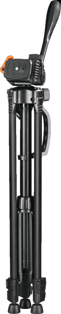 A black tripod stand. It has a handle and an orange locking mechanism.