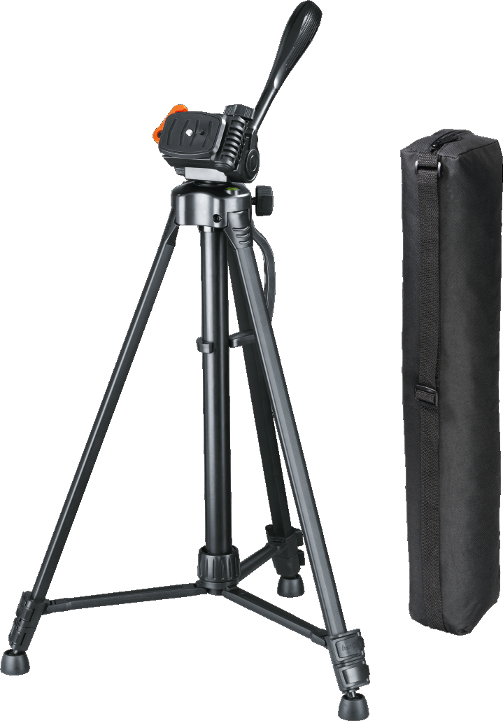 A black tripod with a camera mount and a black carrying bag on a white background.