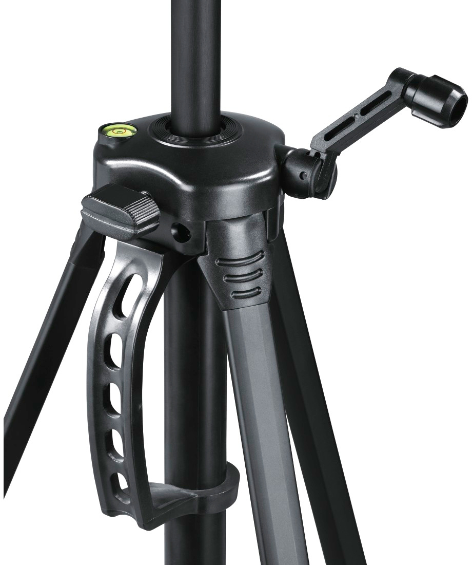 Black tripod, parts visible. Handle, legs, and adjustment knobs are visible.