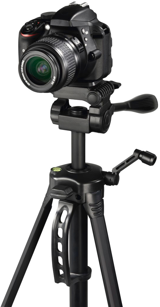 Camera on a tripod. Black camera and tripod with a handle. White background.