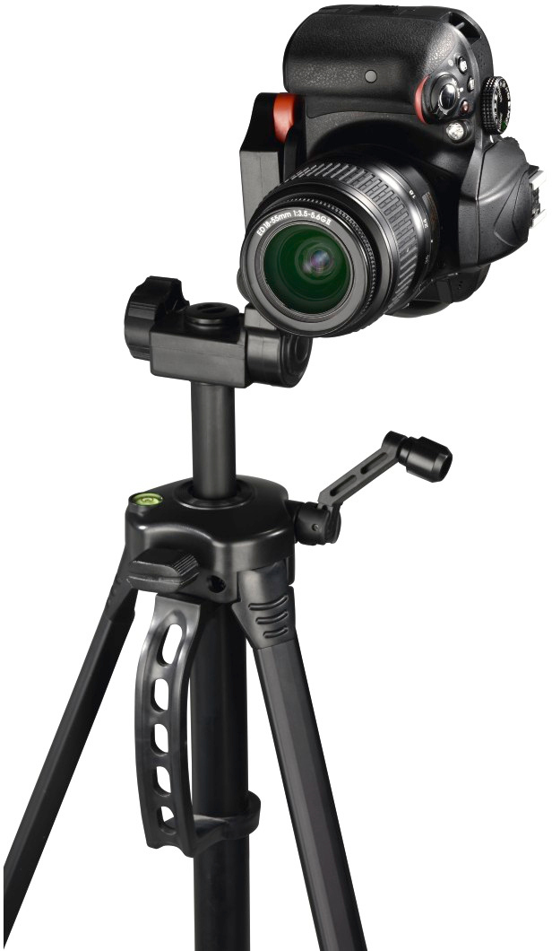 Camera on tripod. Black camera and tripod, with handle for adjustment. White background.