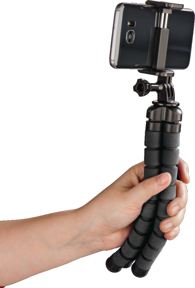A hand holding a black tripod with a phone attached. The phone is black.