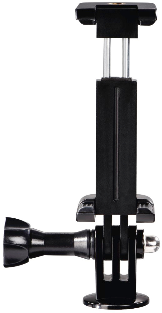Black phone holder for a camera, with adjustable height and a ball joint on the side.