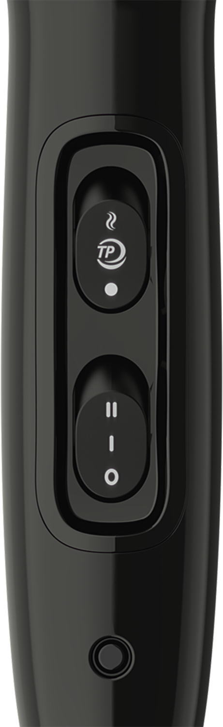 Black hair styling tool control panel. Top button indicates steam, bottom indicates power.