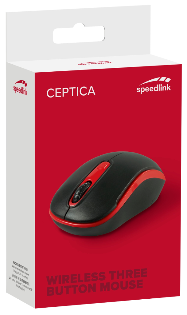 Dobozolt vezeték nélküli egér, fekete és piros. Piros szöveg: CEPTICA, WIRELESS THREE BUTTON MOUSE. Márka: speedlink.