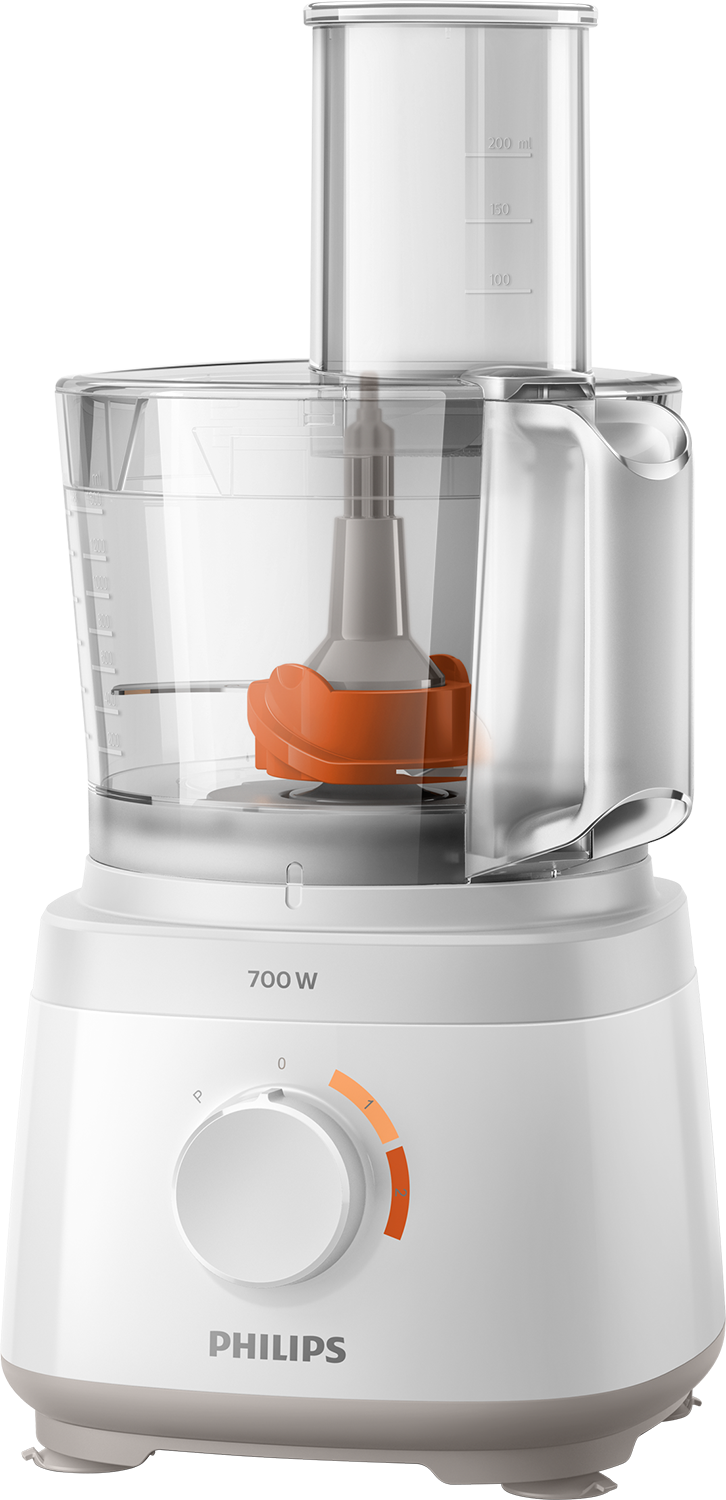 Witte Philips keukenmachine. Heeft een doorzichtige kom en een aparte container bovenop. Oranje accenten en een draaiknop.