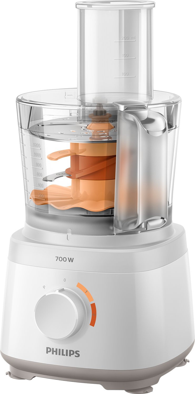 Witte en transparante keukenmachine met oranje accenten. De container heeft maten.