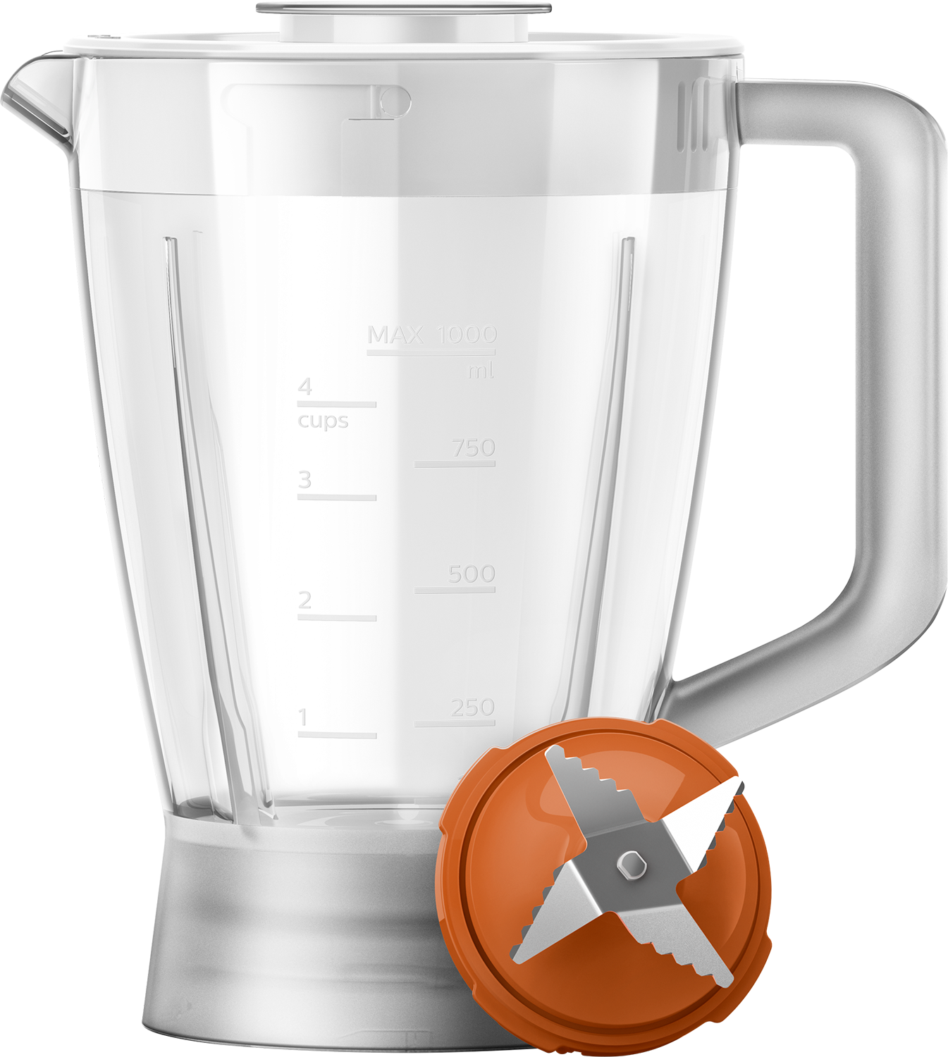 Een blender met een doorzichtige kan, maatstreepjes en een oranje mesopzetstuk.