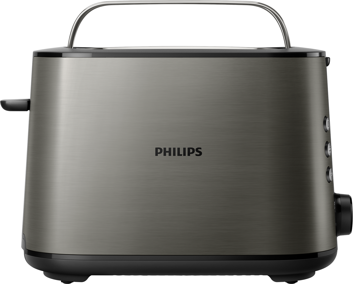 Zilveren Philips broodrooster. Het heeft een handvat en knoppen aan de zijkant.