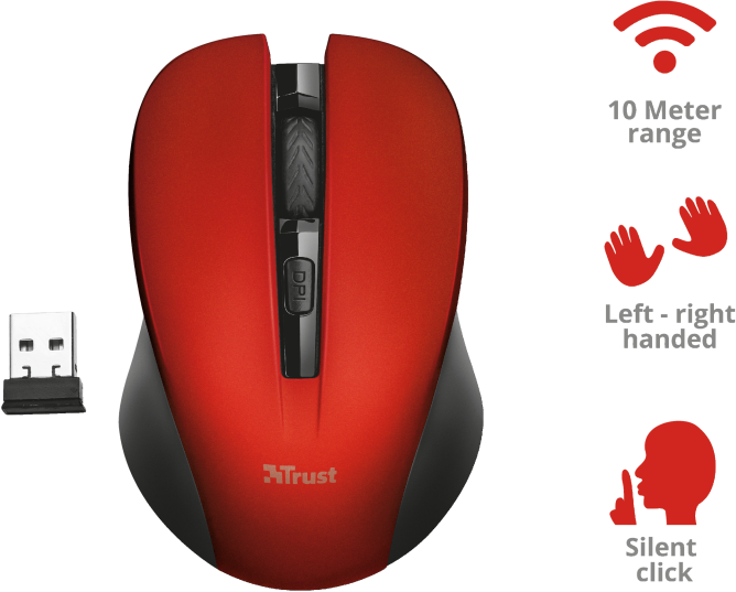 Souris sans fil Trust rouge avec récepteur USB. Possède des icônes pour droitier/gaucher et clic silencieux.