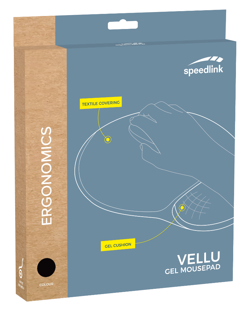 Kék és barna doboz az 'Ergonómia' és a 'Vellu Gel Mousepad' feliratokkal.