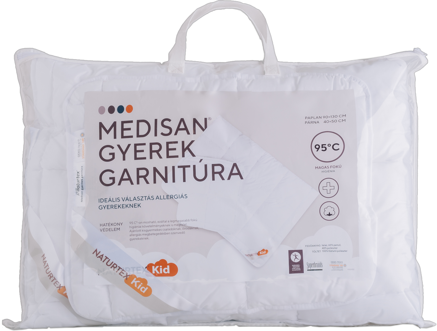 Fehér babagyerek ágynemű szett műanyag zacskóban, a csomagoláson több nyelven felirat.