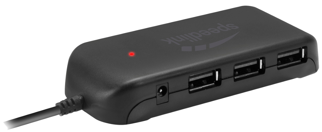 Fekete USB hub négy porttal és tápbemenettel.