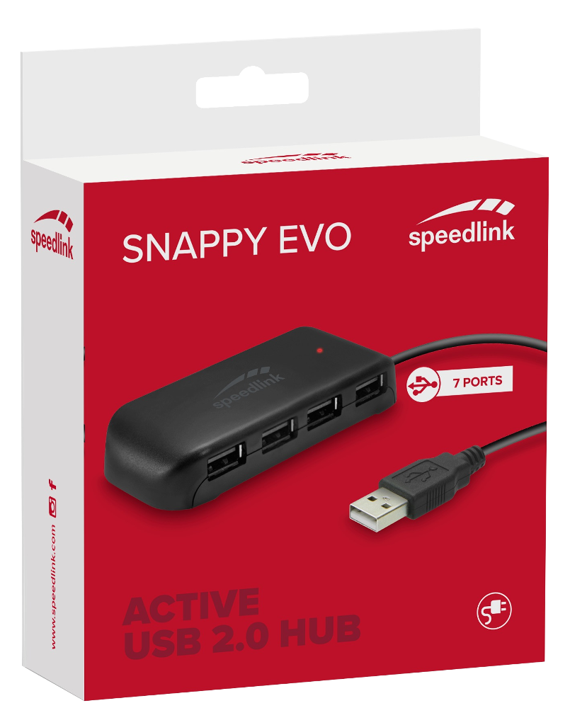Egy USB hub egy piros-fehér dobozban, a termék nevével és egy USB kábellel.