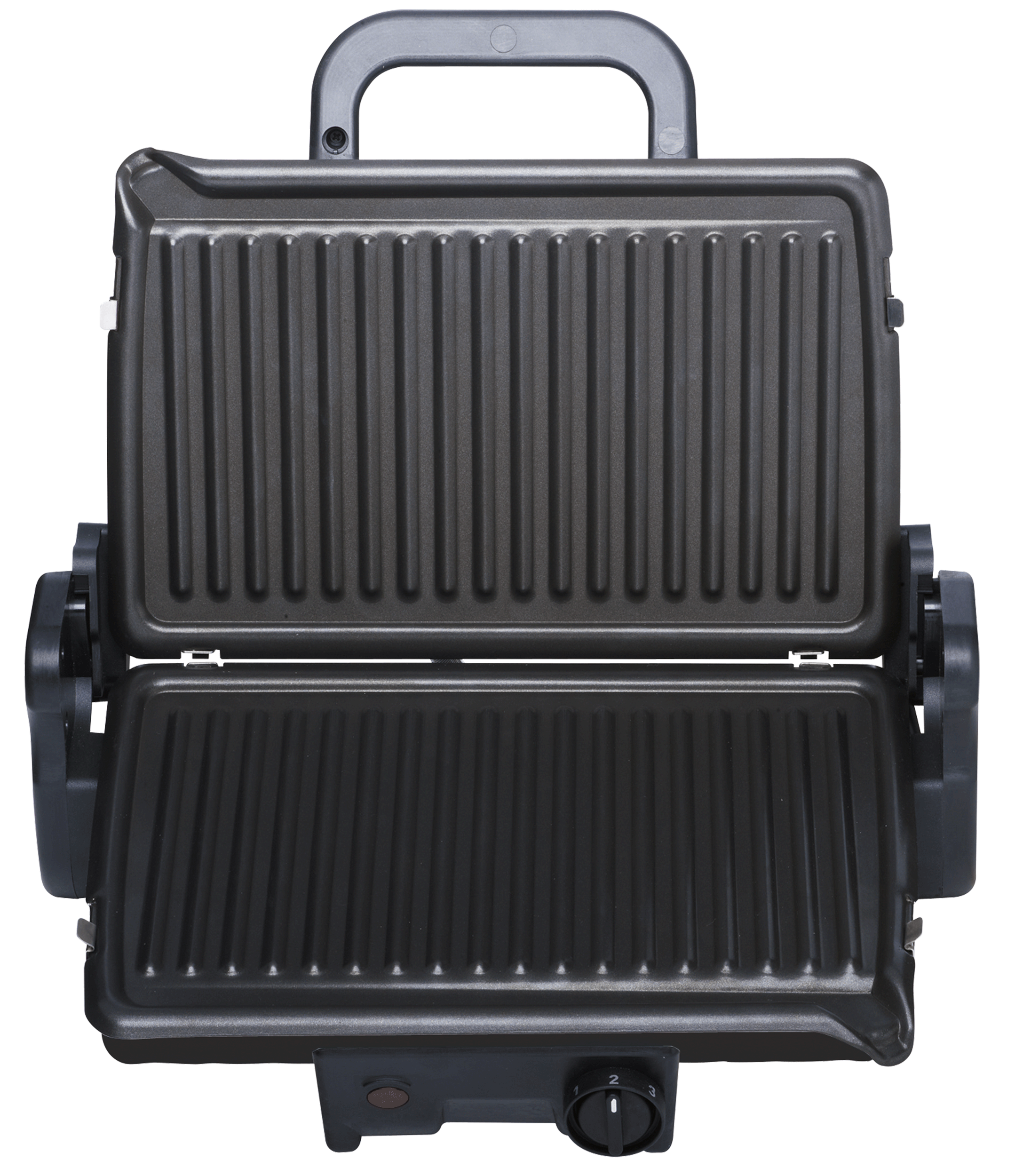 An open black electric grill with ribbed surfaces. It has a handle, controls and a white background.