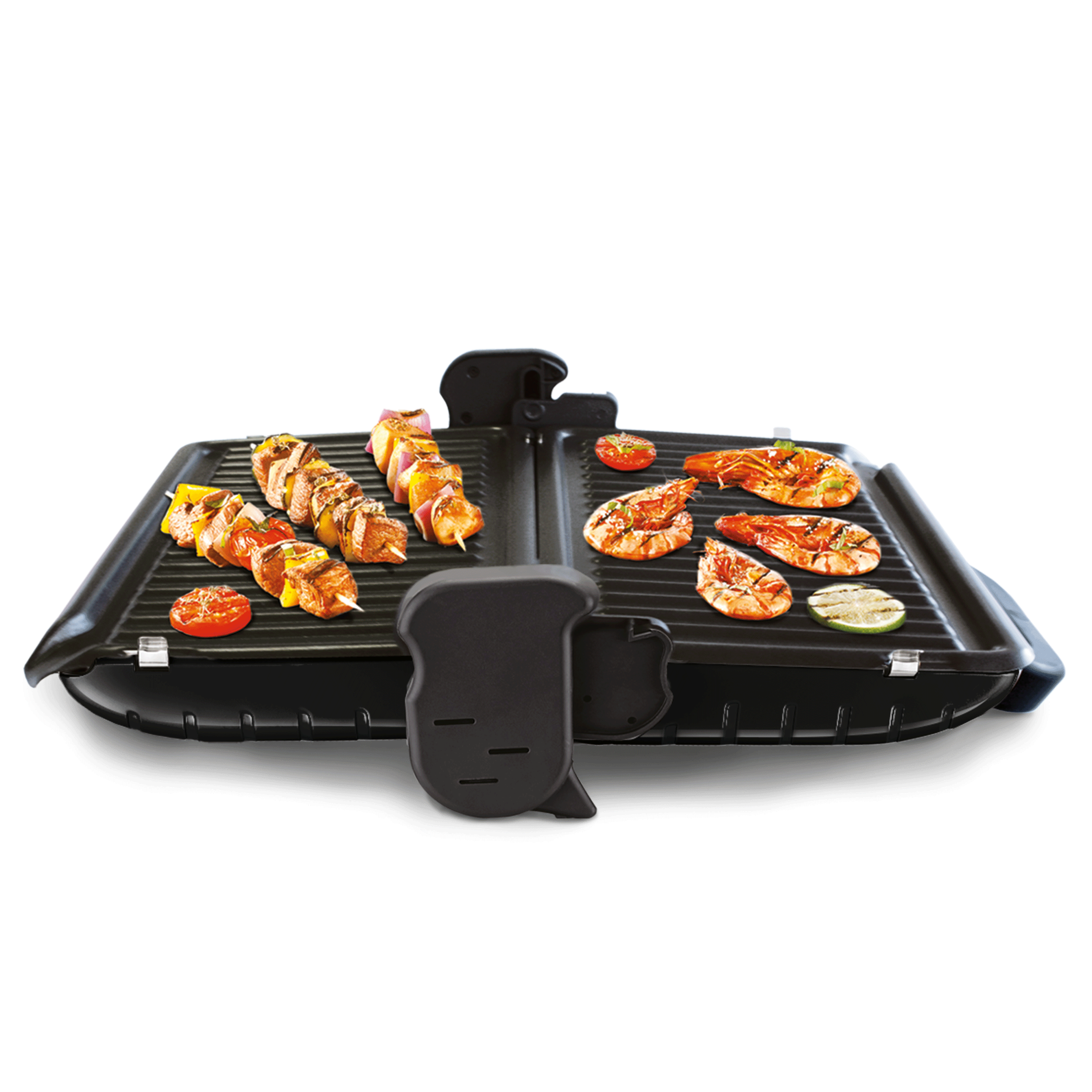 Black grill with food, including skewers, tomatoes, and shrimp, on a black surface.